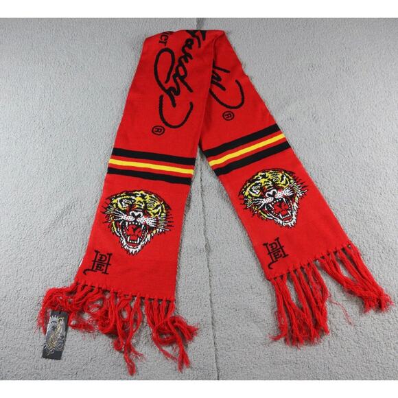 New Ed Hardy By Christian Audigier Scarf Red Tiger Multicolor Logo Tassel 72" - Picture 1 of 3